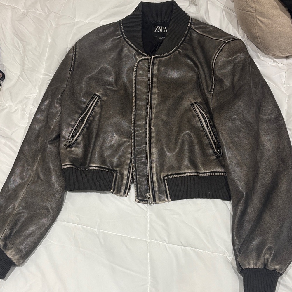 Zara Women's Metallic Black Bomber Jacket